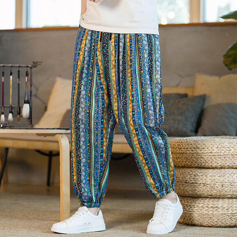 Colorful Stripes Cotton Linen Men's Ankle-Length Harem Pants With Pockets
