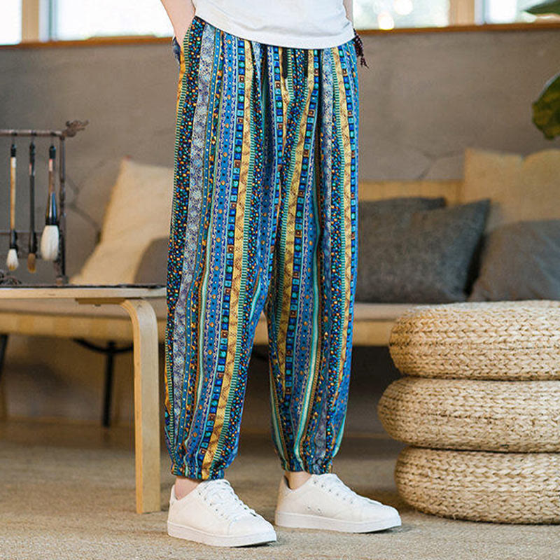 Colorful Stripes Cotton Linen Men's Ankle-Length Harem Pants With Pockets