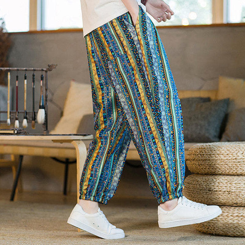 Colorful Stripes Cotton Linen Men's Ankle-Length Harem Pants With Pockets
