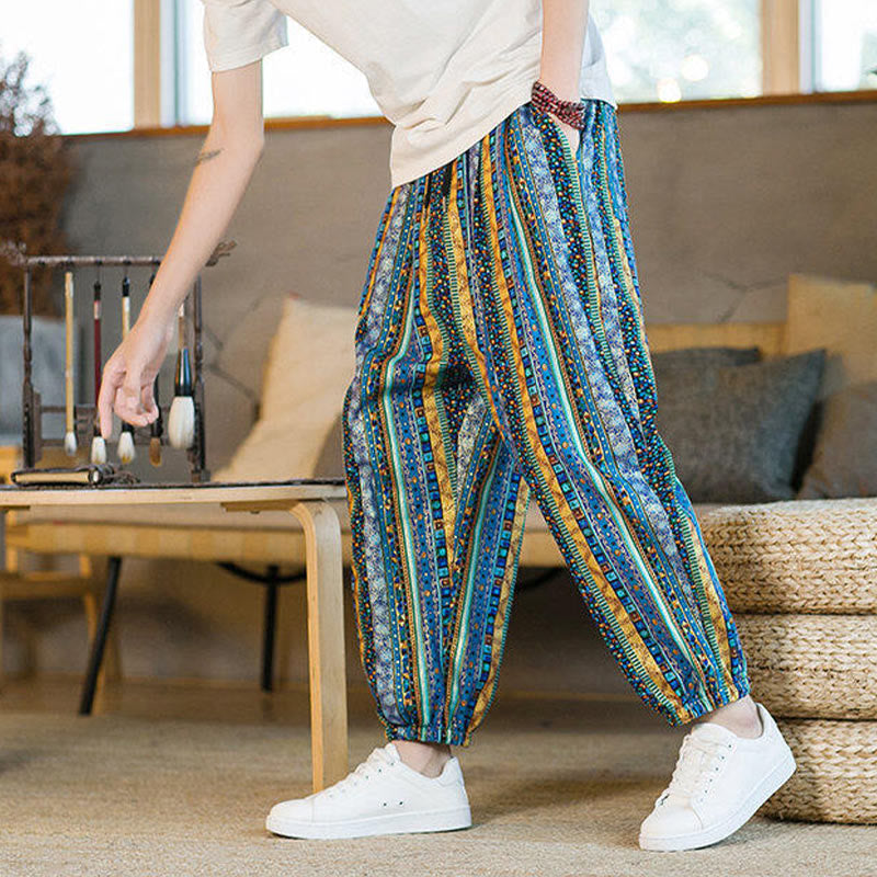 Colorful Stripes Cotton Linen Men's Ankle-Length Harem Pants With Pockets