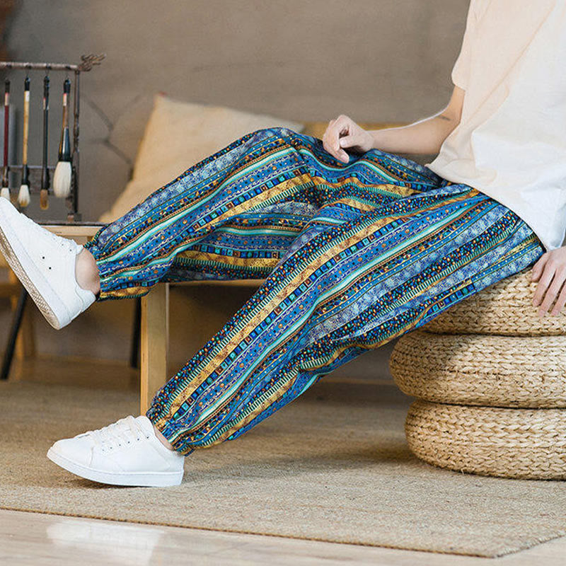 Colorful Stripes Cotton Linen Men's Ankle-Length Harem Pants With Pockets