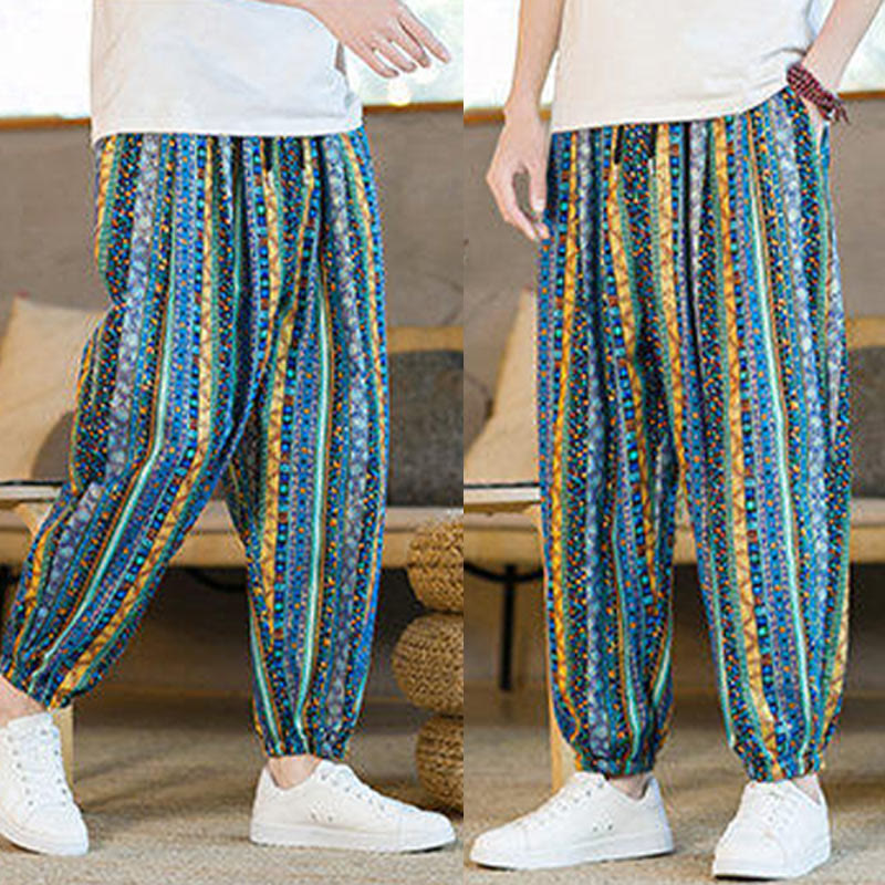 Colorful Stripes Cotton Linen Men's Ankle-Length Harem Pants With Pockets