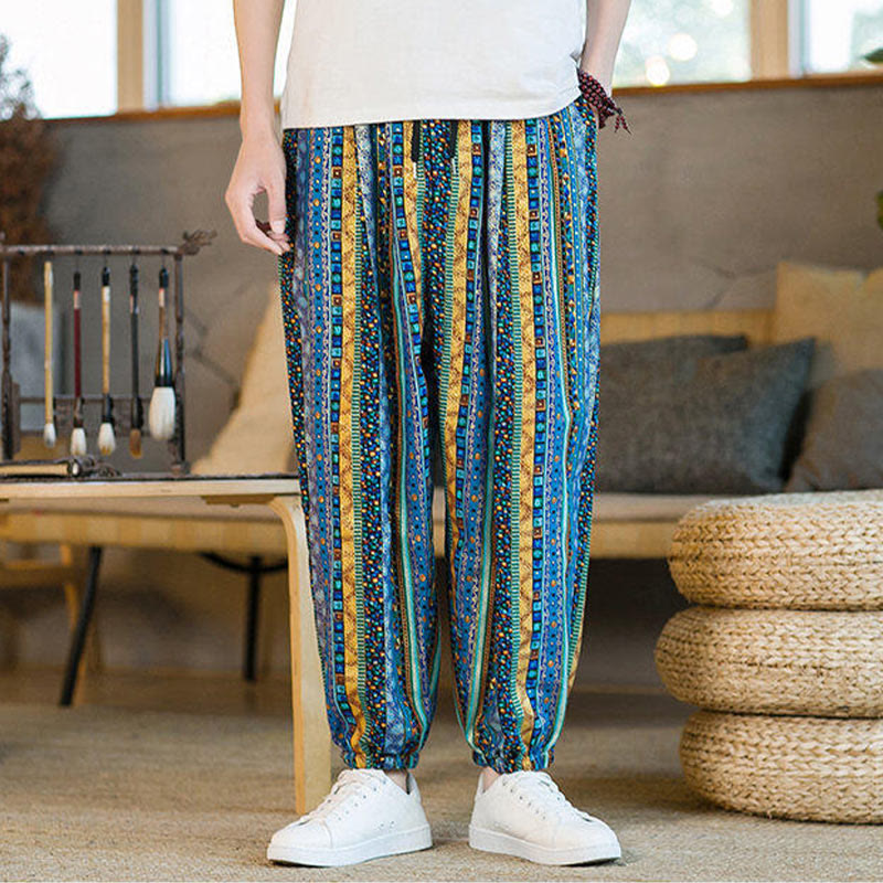 Colorful Stripes Cotton Linen Men's Ankle-Length Harem Pants With Pockets