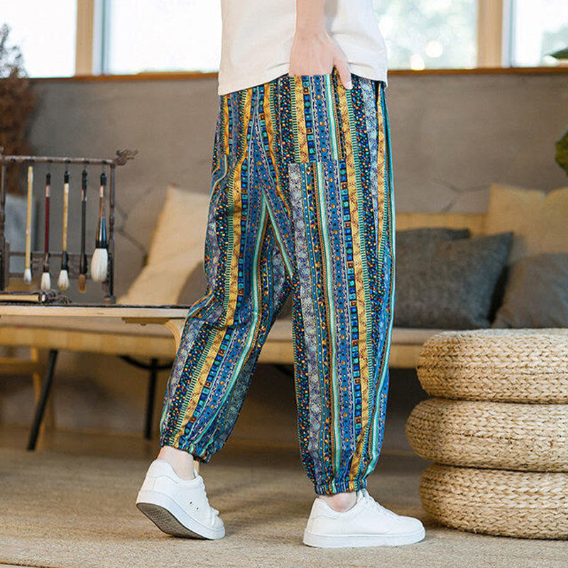 Colorful Stripes Cotton Linen Men's Ankle-Length Harem Pants With Pockets