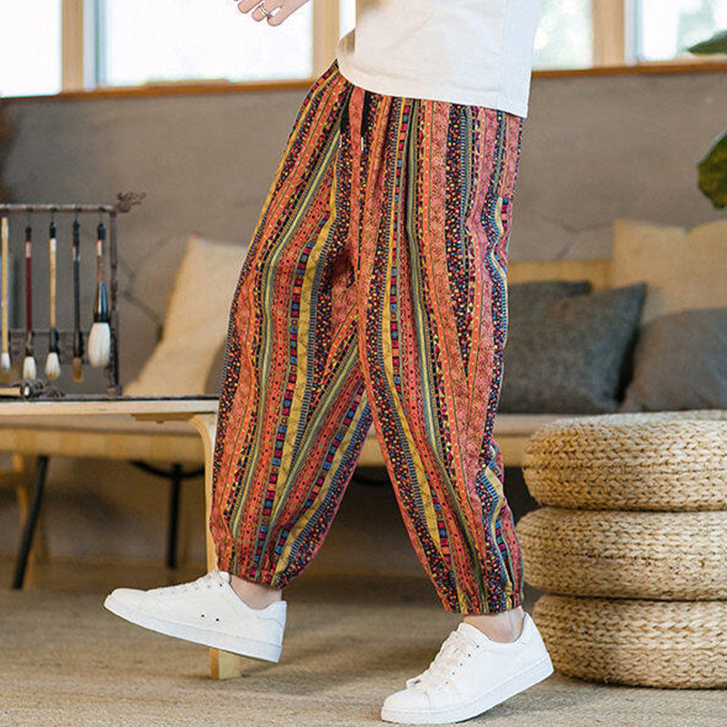 Colorful Stripes Cotton Linen Men's Ankle-Length Harem Pants With Pockets