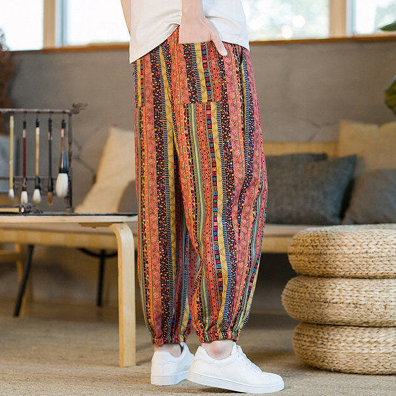 Colorful Stripes Cotton Linen Men's Ankle-Length Harem Pants With Pockets