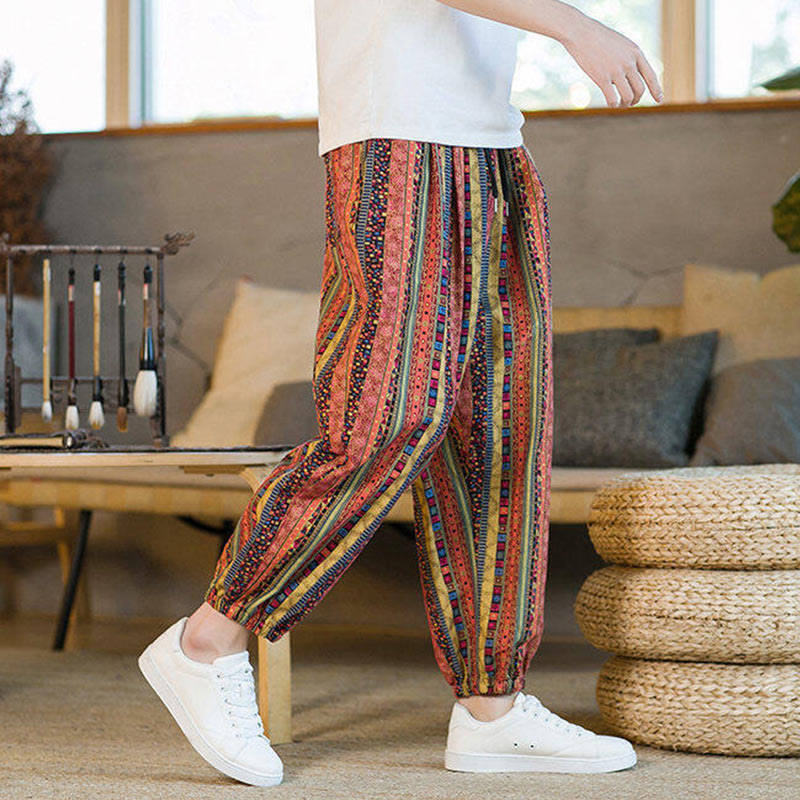 Colorful Stripes Cotton Linen Men's Ankle-Length Harem Pants With Pockets