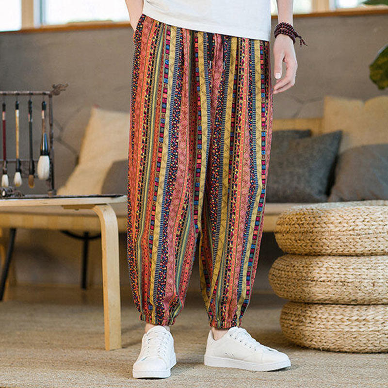 Colorful Stripes Cotton Linen Men's Ankle-Length Harem Pants With Pockets