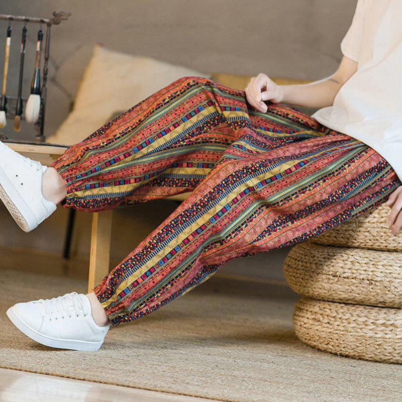 Colorful Stripes Cotton Linen Men's Ankle-Length Harem Pants With Pockets