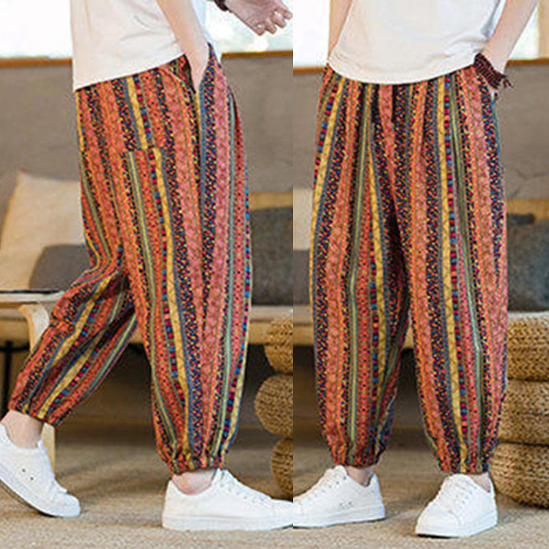 Colorful Stripes Cotton Linen Men's Ankle-Length Harem Pants With Pockets
