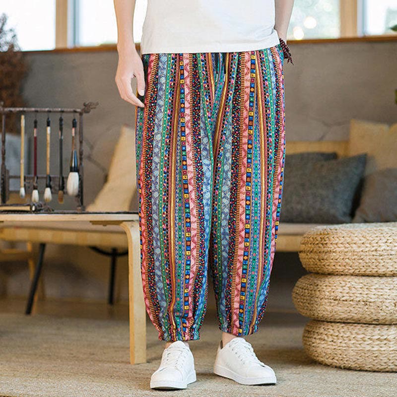 Colorful Stripes Cotton Linen Men's Ankle-Length Harem Pants With Pockets