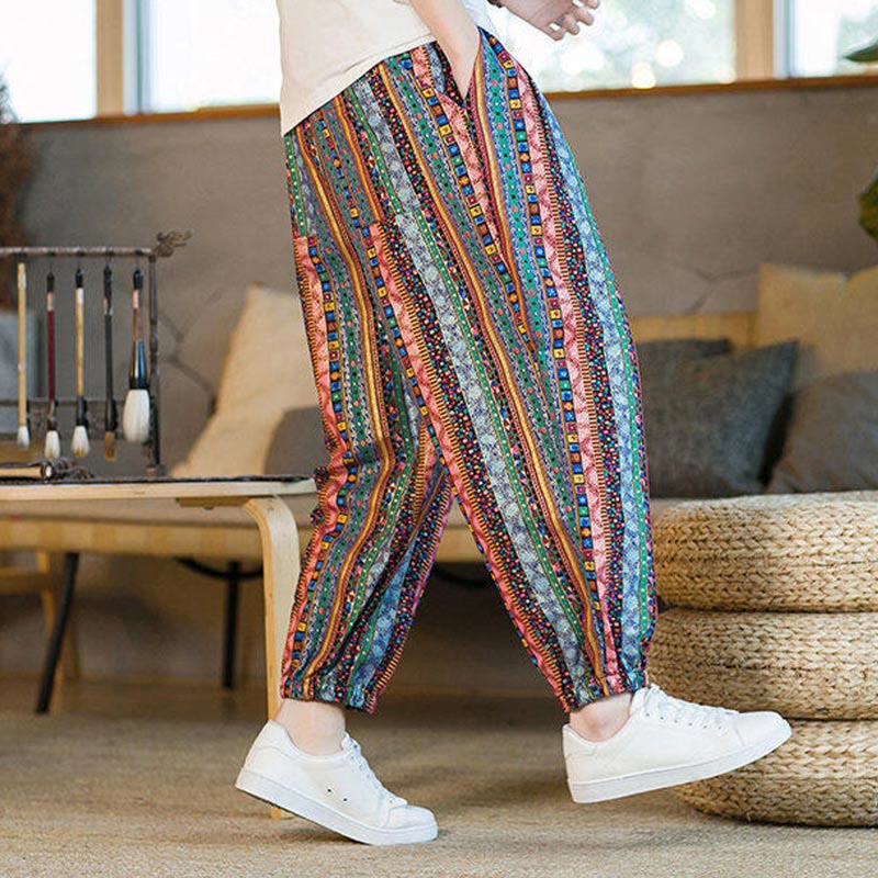 Colorful Stripes Cotton Linen Men's Ankle-Length Harem Pants With Pockets