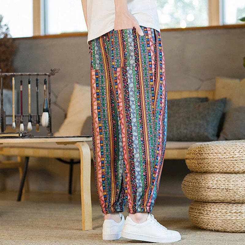 Colorful Stripes Cotton Linen Men's Ankle-Length Harem Pants With Pockets