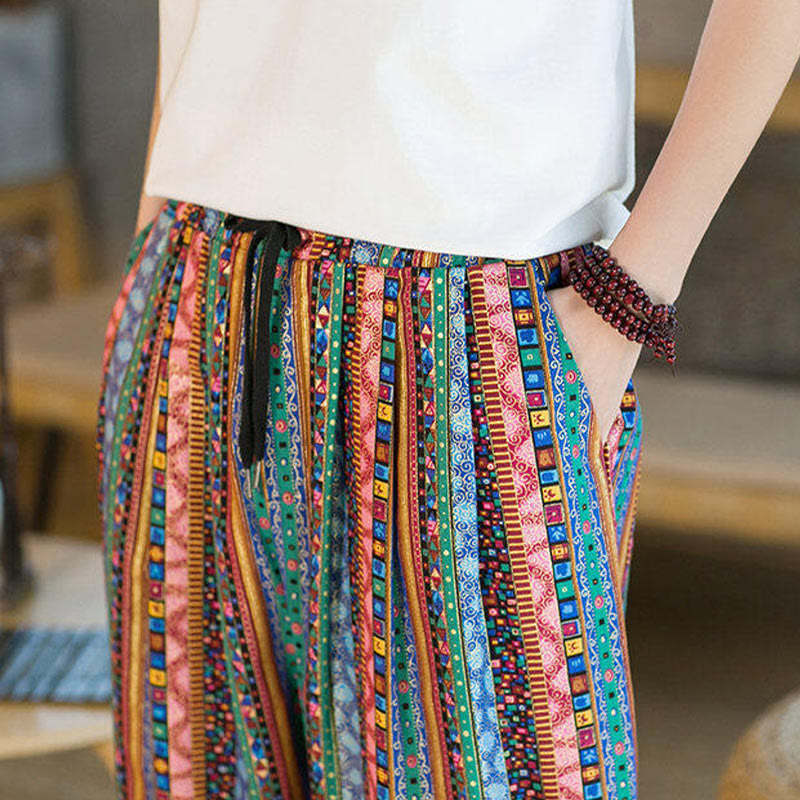 Colorful Stripes Cotton Linen Men's Ankle-Length Harem Pants With Pockets