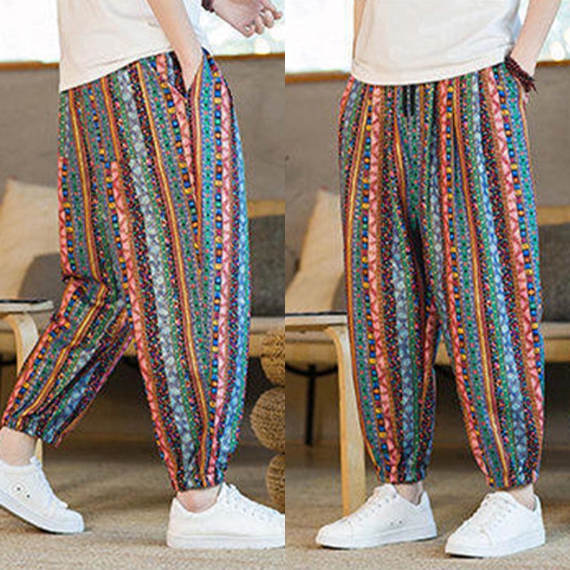 Colorful Stripes Cotton Linen Men's Ankle-Length Harem Pants With Pockets