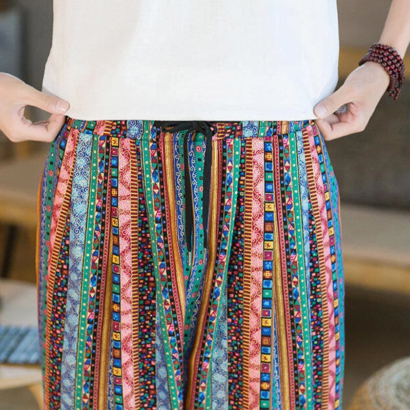 Colorful Stripes Cotton Linen Men's Ankle-Length Harem Pants With Pockets