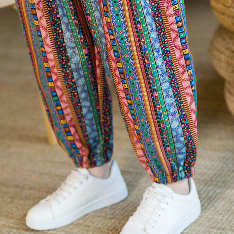 Colorful Stripes Cotton Linen Men's Ankle-Length Harem Pants With Pockets