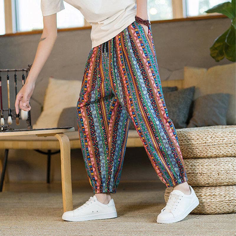 Colorful Stripes Cotton Linen Men's Ankle-Length Harem Pants With Pockets