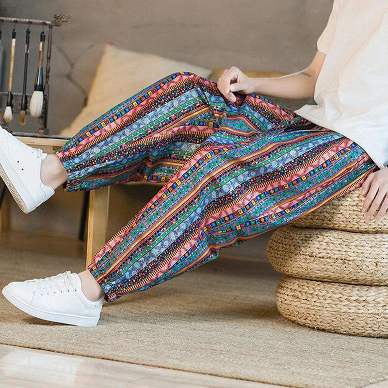 Colorful Stripes Cotton Linen Men's Ankle-Length Harem Pants With Pockets