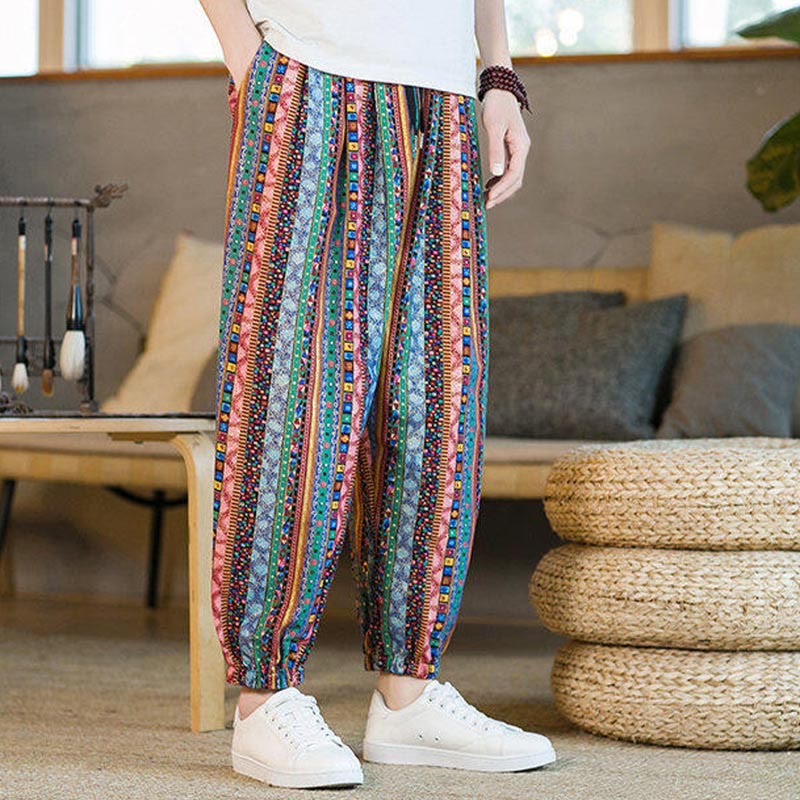 Colorful Stripes Cotton Linen Men's Ankle-Length Harem Pants With Pockets
