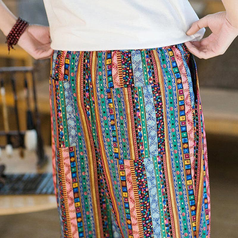 Colorful Stripes Cotton Linen Men's Ankle-Length Harem Pants With Pockets