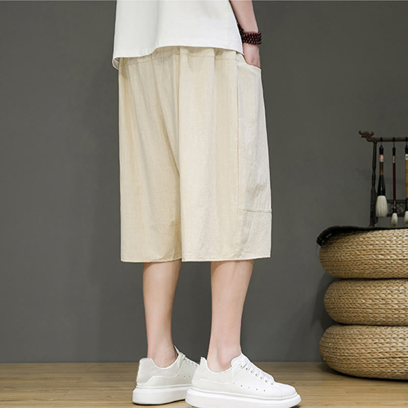 Casual Drawstring Cotton Linen Men's Capri Harem Pants With Pockets