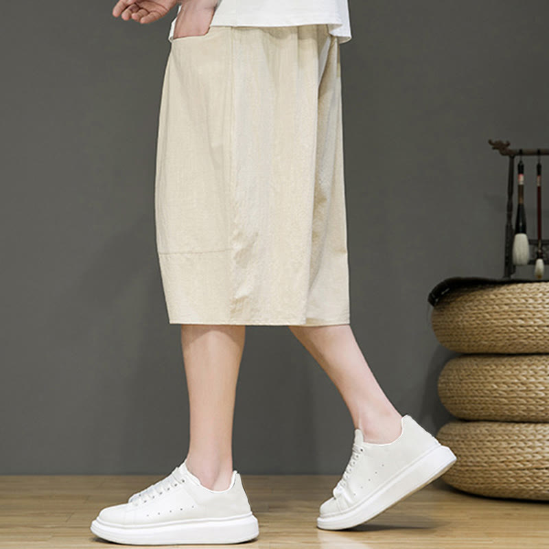 Casual Drawstring Cotton Linen Men's Capri Harem Pants With Pockets