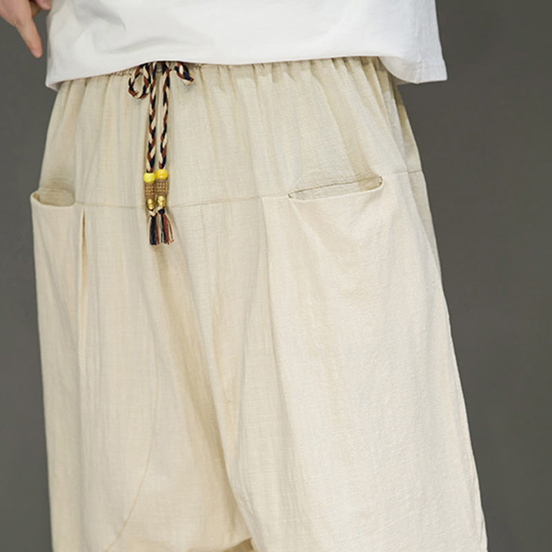 Casual Drawstring Cotton Linen Men's Capri Harem Pants With Pockets