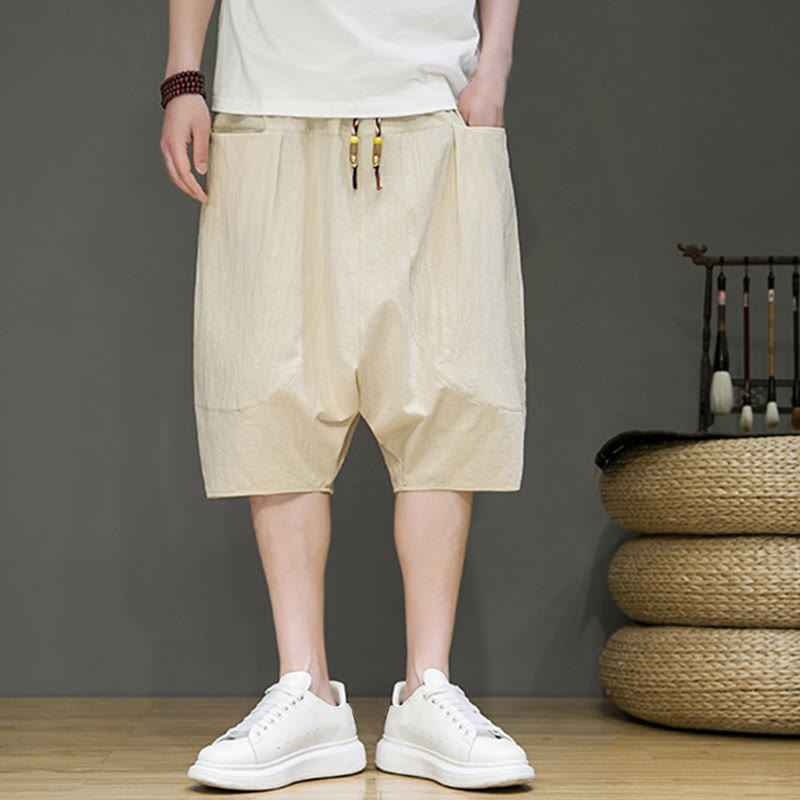 Casual Drawstring Cotton Linen Men's Capri Harem Pants With Pockets