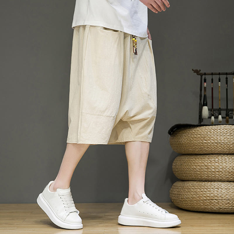 Casual Drawstring Cotton Linen Men's Capri Harem Pants With Pockets