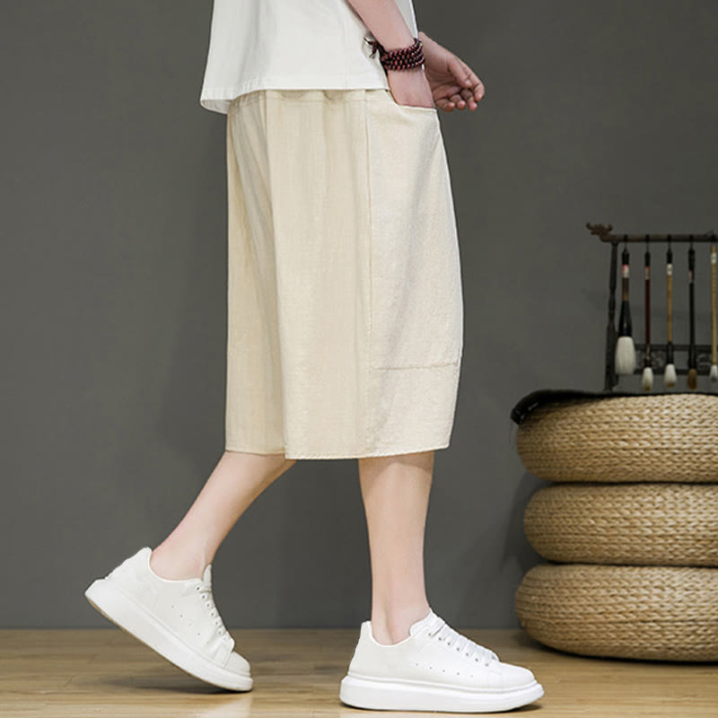 Casual Drawstring Cotton Linen Men's Capri Harem Pants With Pockets