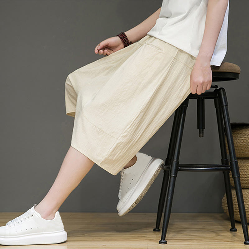 Casual Drawstring Cotton Linen Men's Capri Harem Pants With Pockets