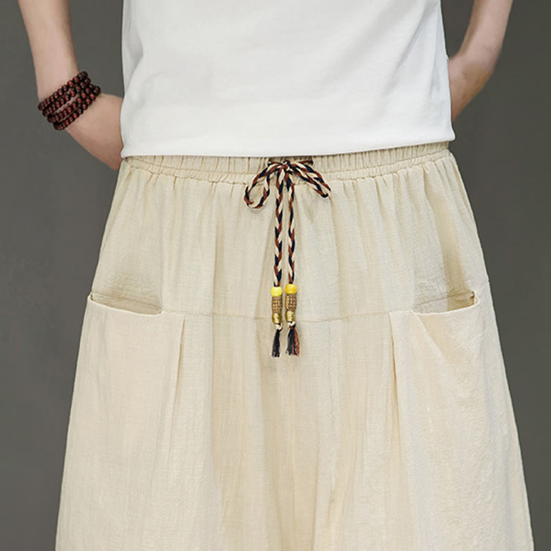 Casual Drawstring Cotton Linen Men's Capri Harem Pants With Pockets