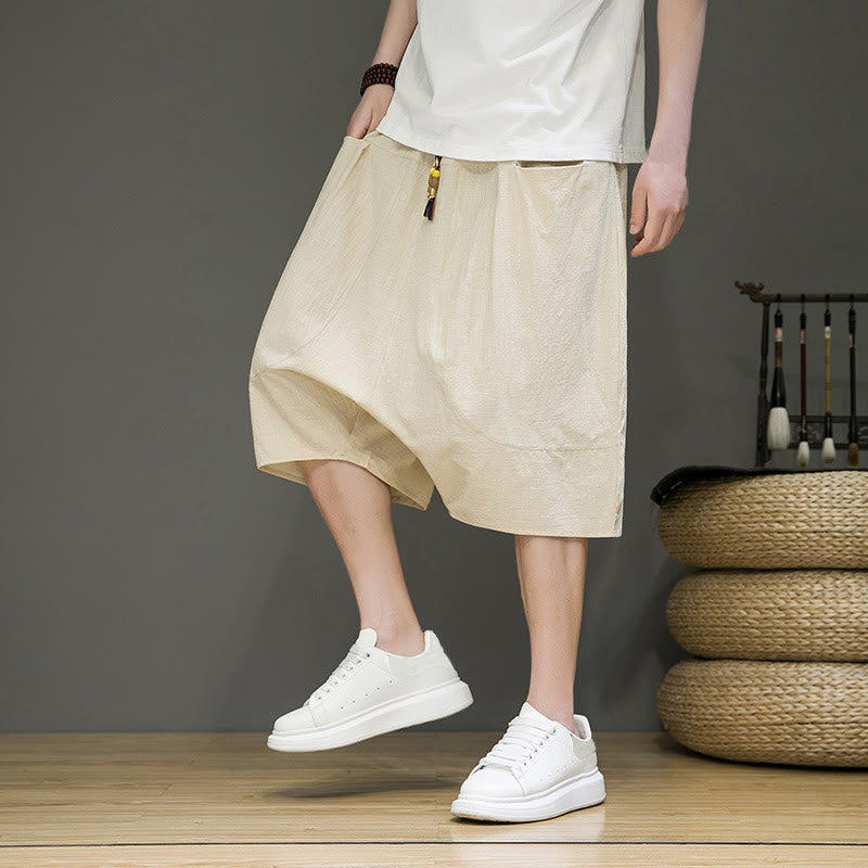 Casual Drawstring Cotton Linen Men's Capri Harem Pants With Pockets