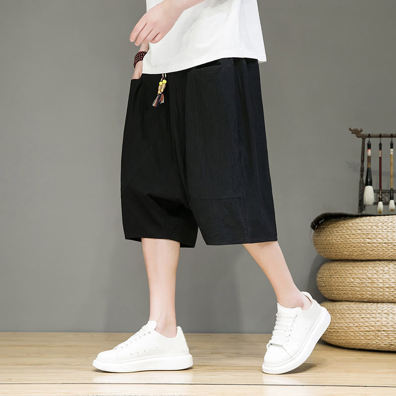 Casual Drawstring Cotton Linen Men's Capri Harem Pants With Pockets