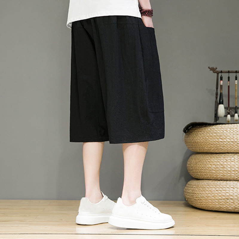 Casual Drawstring Cotton Linen Men's Capri Harem Pants With Pockets