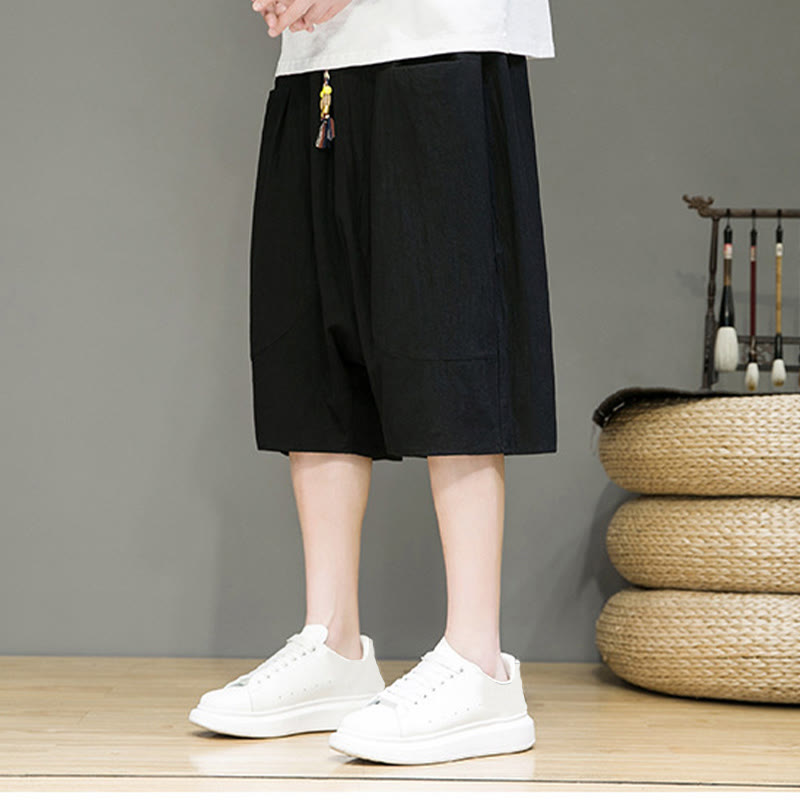 Casual Drawstring Cotton Linen Men's Capri Harem Pants With Pockets