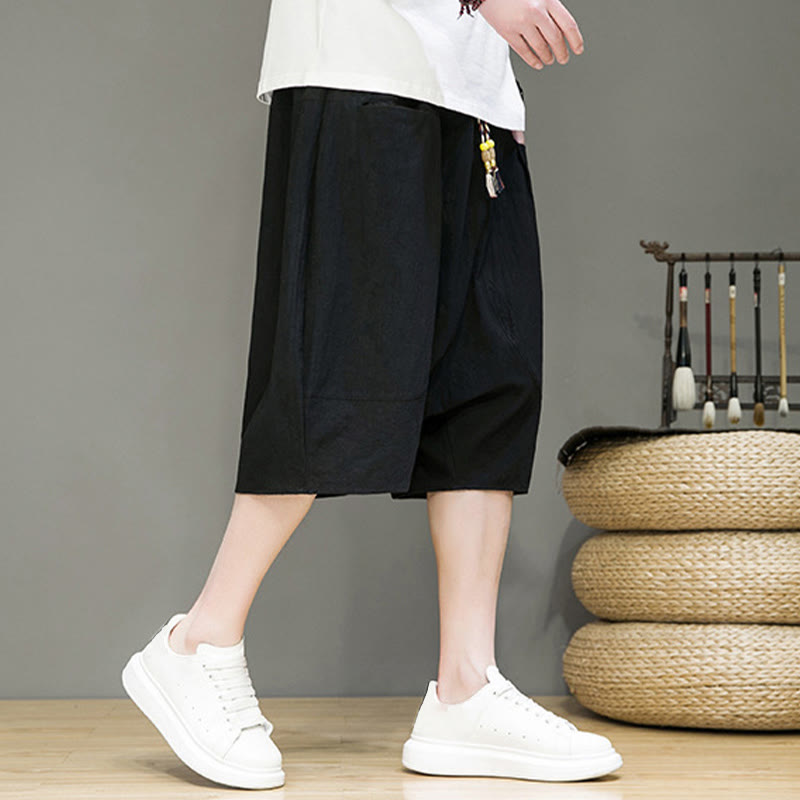 Casual Drawstring Cotton Linen Men's Capri Harem Pants With Pockets