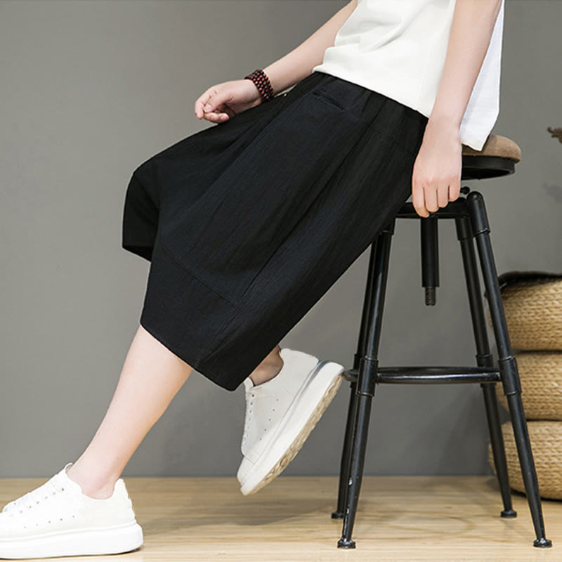 Casual Drawstring Cotton Linen Men's Capri Harem Pants With Pockets