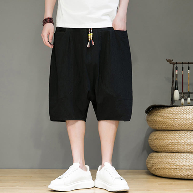 Casual Drawstring Cotton Linen Men's Capri Harem Pants With Pockets