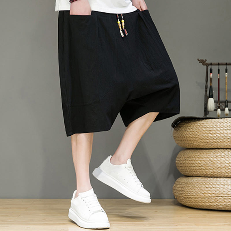 Casual Drawstring Cotton Linen Men's Capri Harem Pants With Pockets