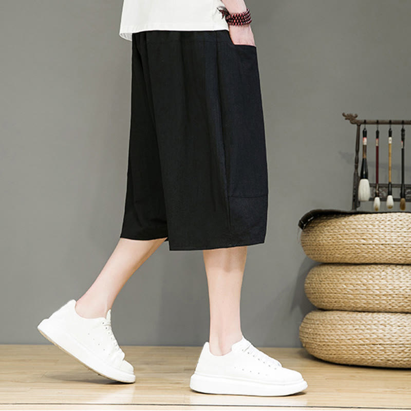 Casual Drawstring Cotton Linen Men's Capri Harem Pants With Pockets