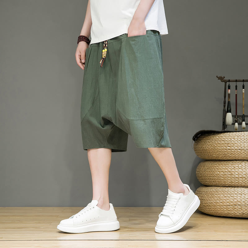 Casual Drawstring Cotton Linen Men's Capri Harem Pants With Pockets