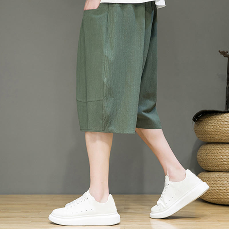 Casual Drawstring Cotton Linen Men's Capri Harem Pants With Pockets