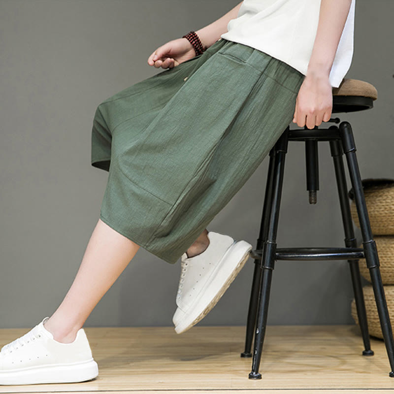 Casual Drawstring Cotton Linen Men's Capri Harem Pants With Pockets