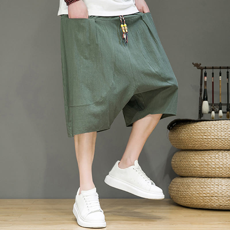 Casual Drawstring Cotton Linen Men's Capri Harem Pants With Pockets