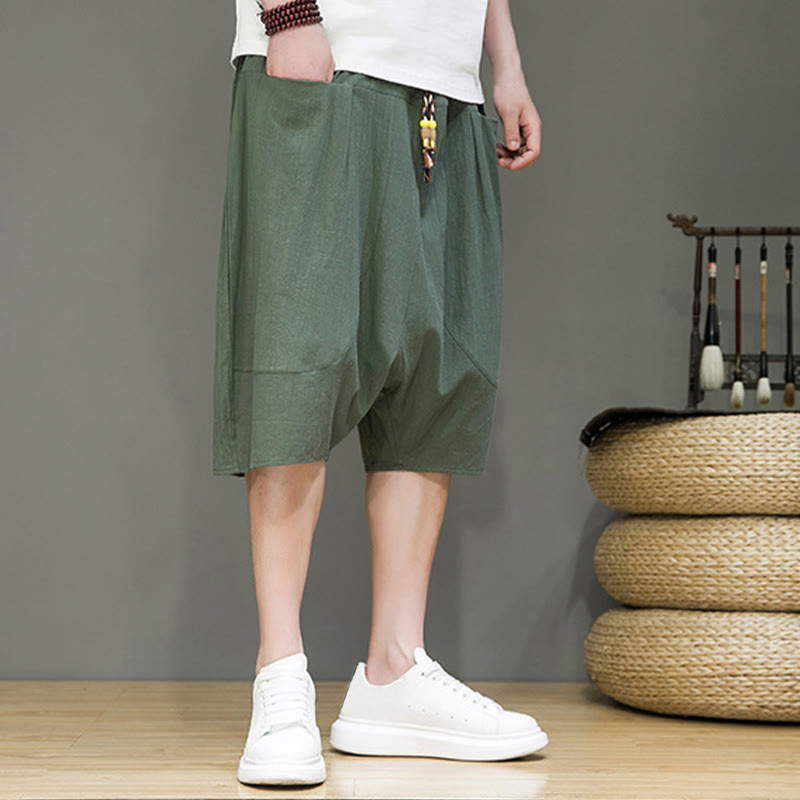 Casual Drawstring Cotton Linen Men's Capri Harem Pants With Pockets