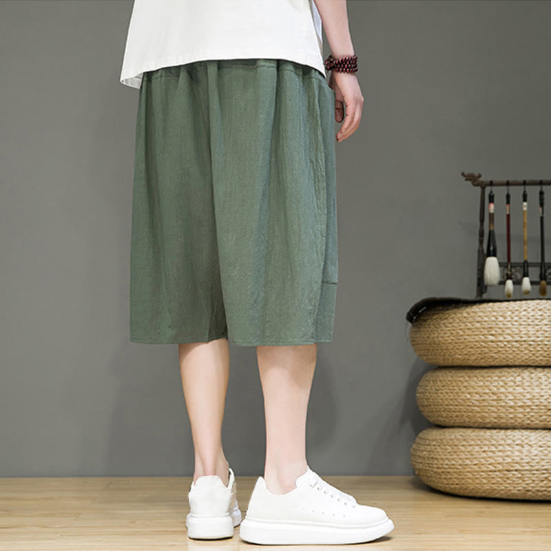 Casual Drawstring Cotton Linen Men's Capri Harem Pants With Pockets