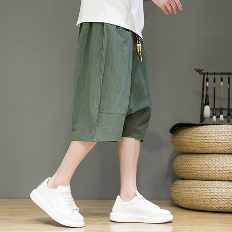 Casual Drawstring Cotton Linen Men's Capri Harem Pants With Pockets