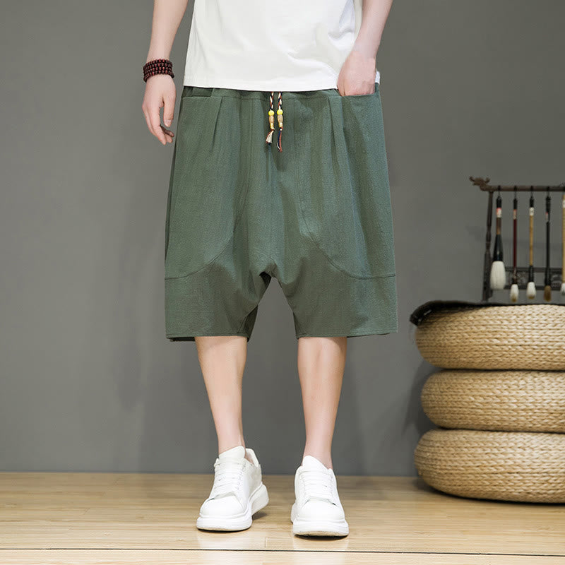 Casual Drawstring Cotton Linen Men's Capri Harem Pants With Pockets